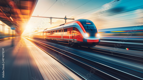 High speed red train with motion blur effect on the railway station at sunset. Landscape. Modern intercity passenger train in motion on the railway platform at dusk. Commuter vehicle on railroad © MariКа