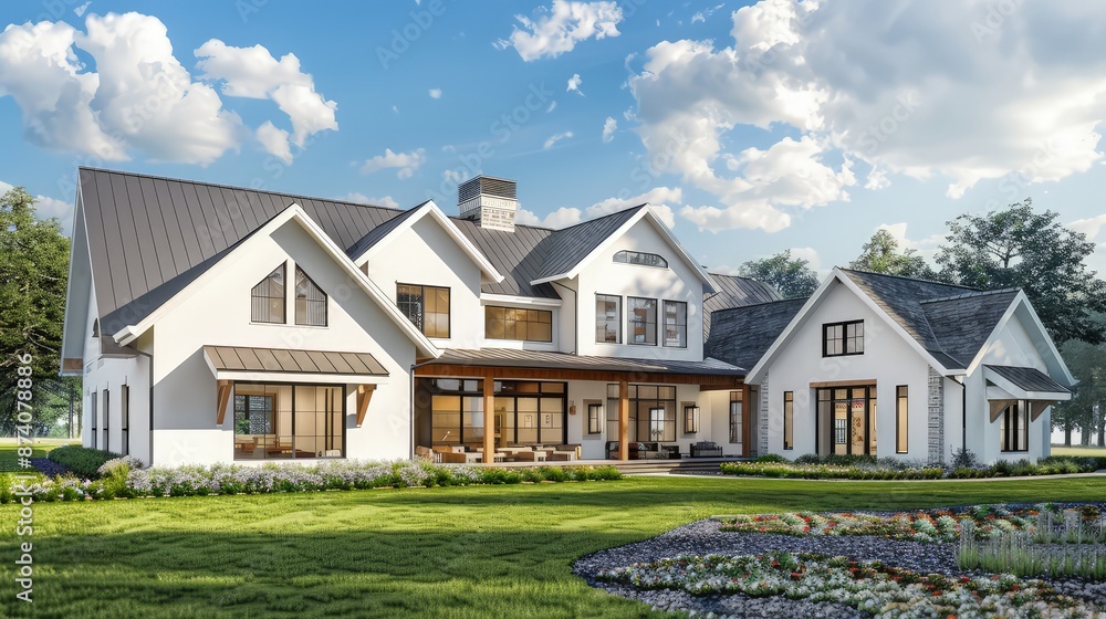 An expansive modern farmhouse design featuring clean lines, a large gabled roof, and natural wood accents, surrounded by open countryside for a perfect blend of modernity and rusticity. An expansive modern farmhouse design featuring clean lines, a large gabled roof, and natural wood accents, surrounded by open countryside for a perfect blend of modernity and rusticity.