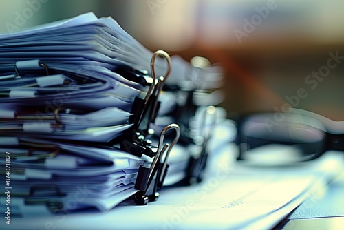 Stack of papers with black paper clips on top, set against a blurred office background, with sharp focus on the foreground and glasses in front of each set of documents