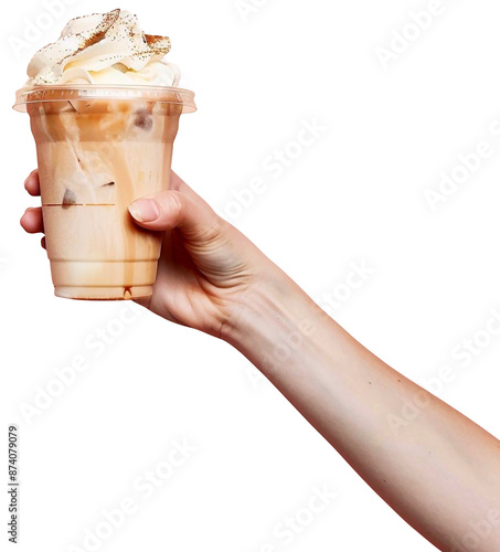 Hand holding a plastic cup of iced coffee, latte, mocha, cappuccino, milk coffee, isolated background