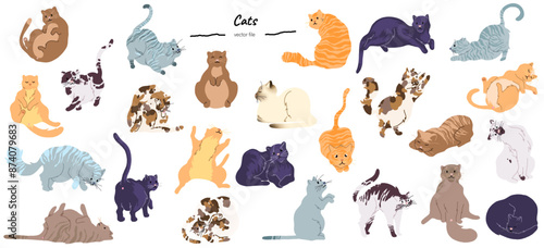 Chats vectoriels. Pack de chats vectorisés. Chats minimalistes. collection de chats variés. Chats colorés, fichiers vectoriel modifiable. Positions de chats variés.