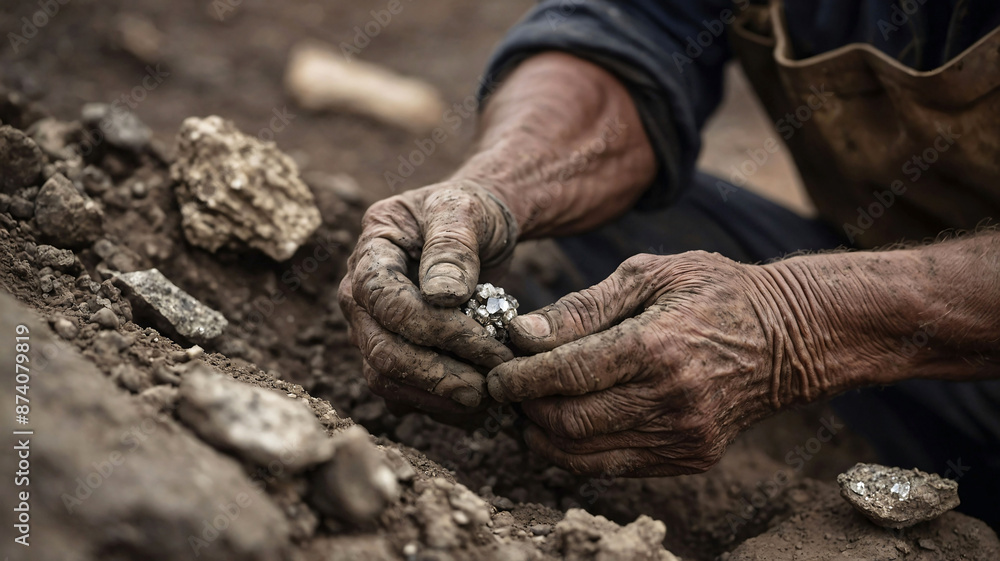 Fototapeta premium Miner hands holding lithium rocks extracted from rock ore. Mining for lithium, a key component of batteries
