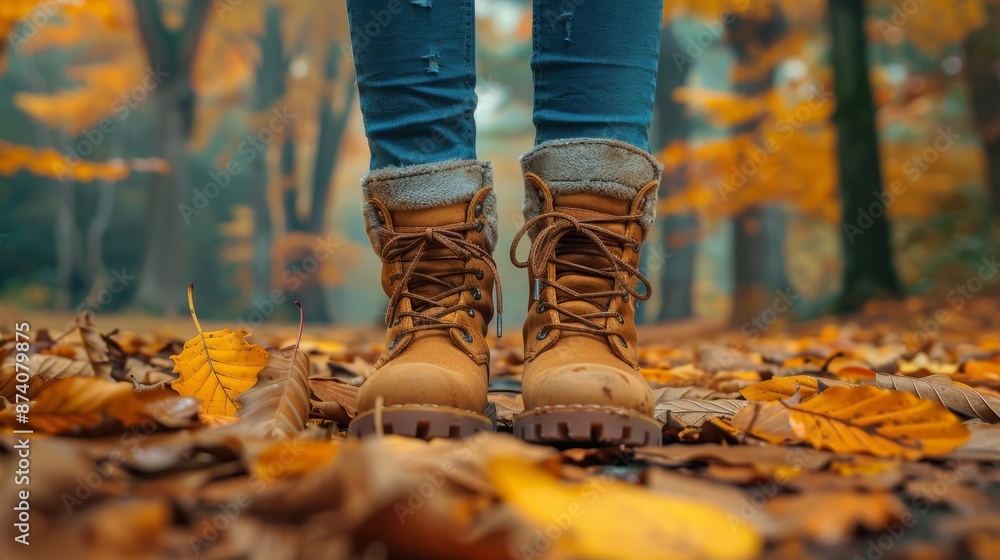 Close-up of brown boots standing on a path covered in autumn leaves. Close-up of brown boots standing on a path covered in autumn leaves.