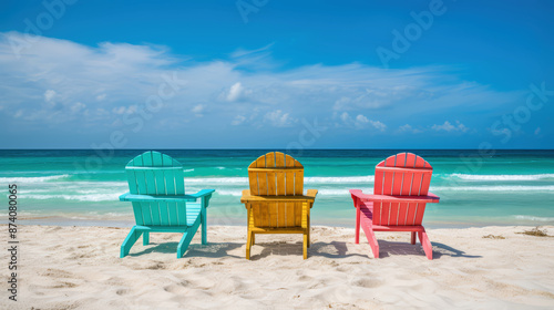 colorful wooden chairs on the beach with a blue sky and turquoise sea