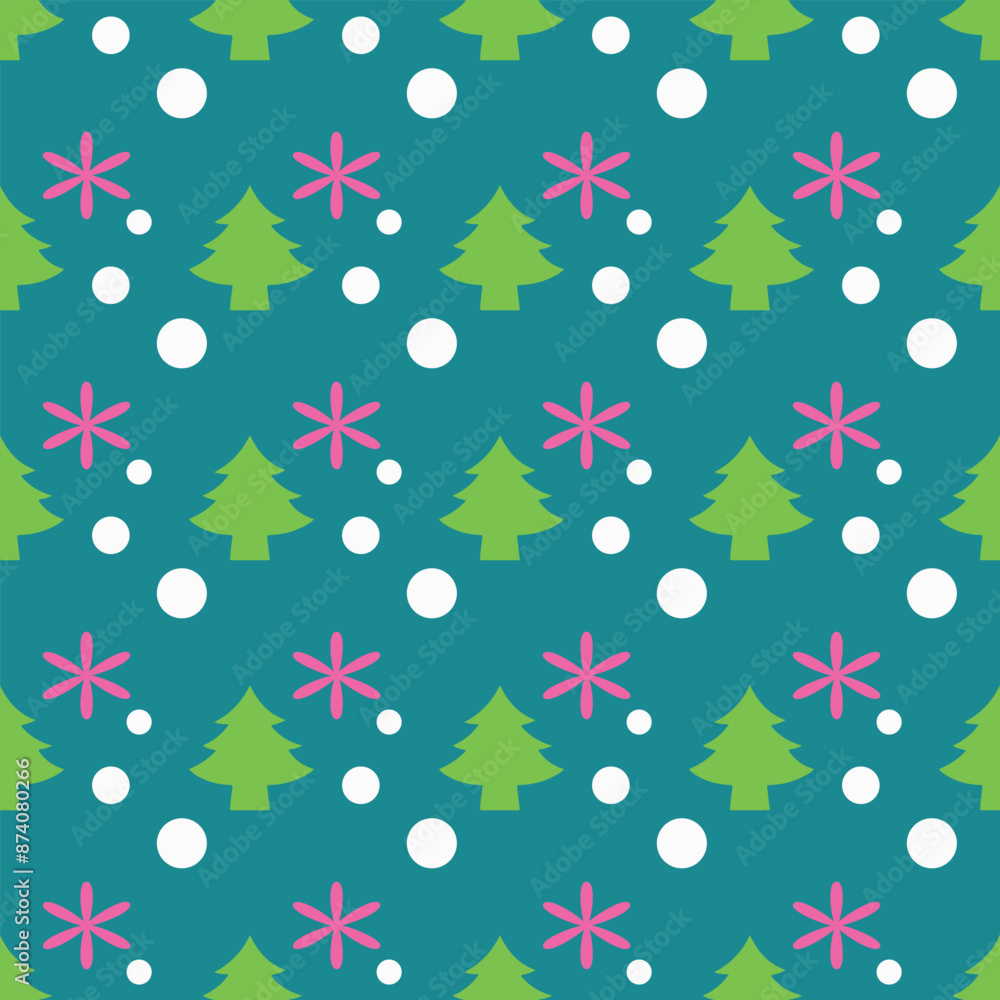 A blue and pink Christmas pattern with snowflakes and trees A blue and pink Christmas pattern with snowflakes and trees