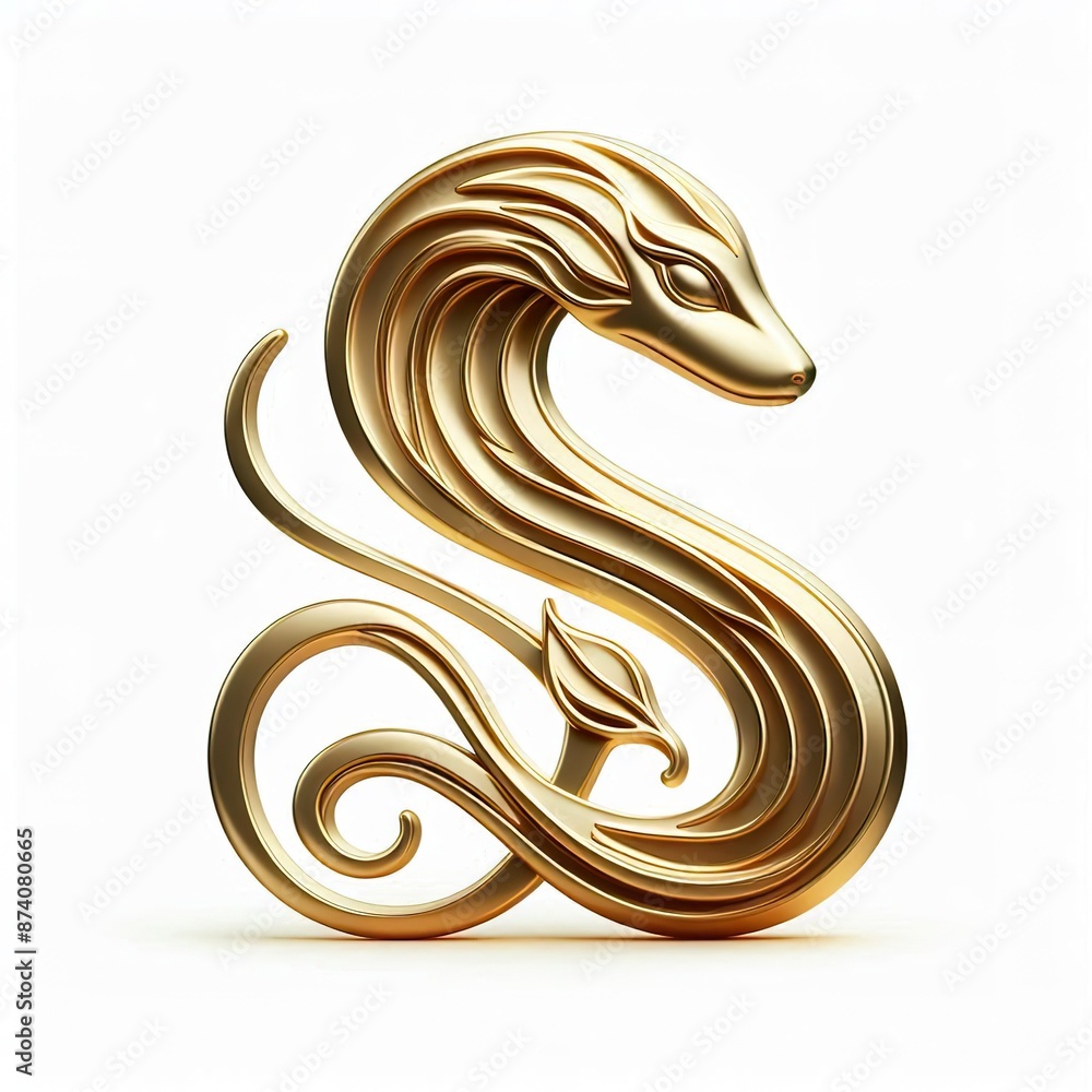 Obraz premium A 3D Gold stylized portrait of beautiful Snake on a white background
