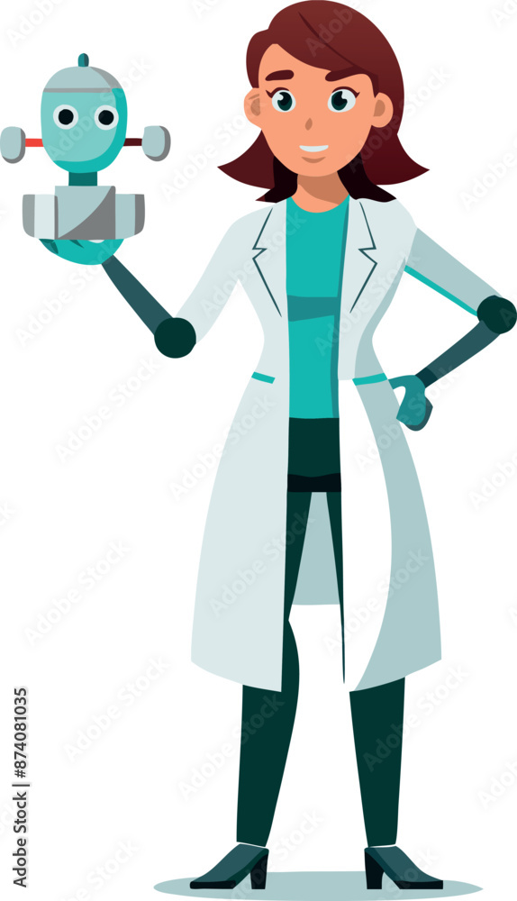 Female Scientist Holding Robot in Laboratory Setting Female Scientist Holding Robot in Laboratory Setting