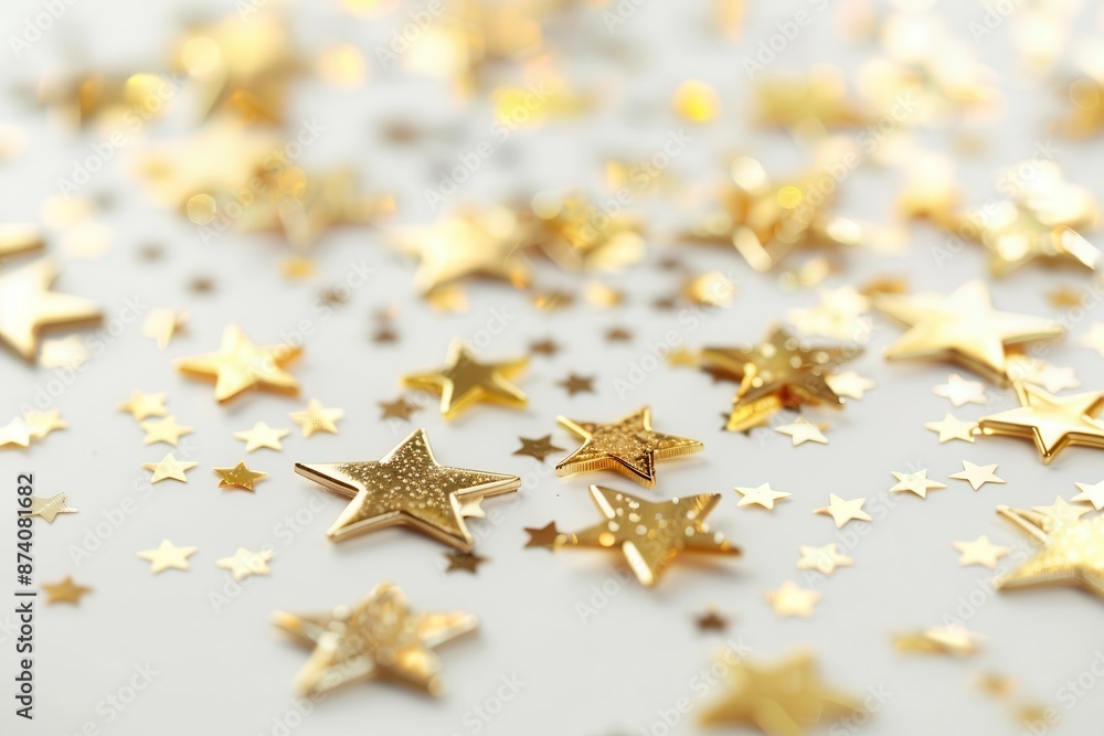 elegant scatter of shimmering gold star ornaments on pristine white background varied sizes create depth while soft shadows add dimension to the festive composition elegant scatter of shimmering gold star ornaments on pristine white background varied sizes create depth while soft shadows add dimension to the festive composition