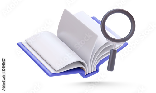 Blue open book with magnifying glass in realistic style isolated on white background. Vector illustration
