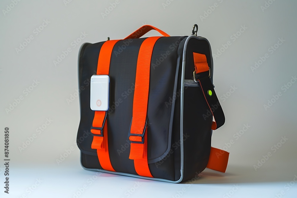 A school bag integrated with GPS tracking to ensure students' safety during school trips. A school bag integrated with GPS tracking to ensure students' safety during school trips.
