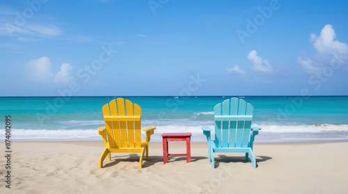 colorful wooden chairs on the beach with a blue sky and turquoise sea