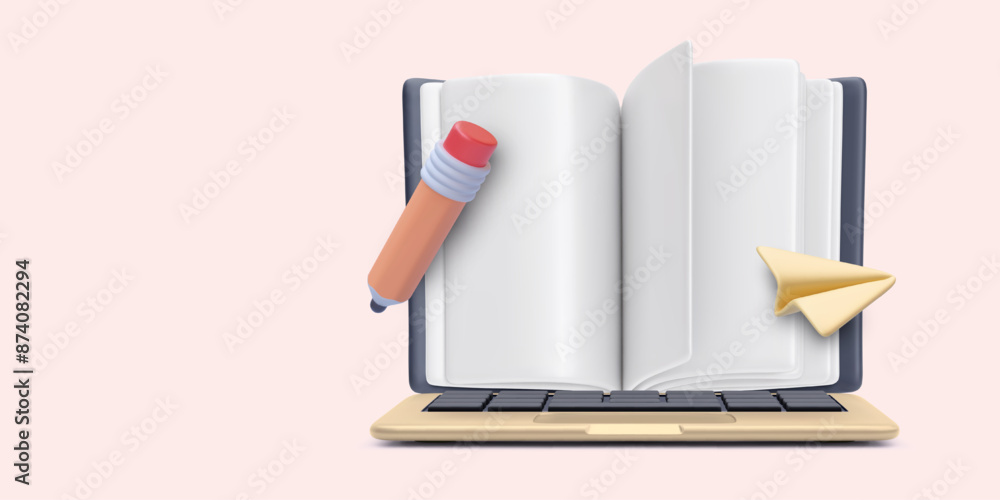 Online education concept poster in realistic style with book, laptop, pencil, paper plane. Vector illustration Online education concept poster in realistic style with book, laptop, pencil, paper plane. Vector illustration