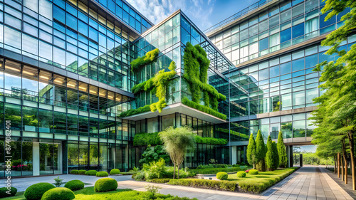 Architecture image with a modern glass building with a lot of green plants trees and bushes for business architecture environmental friendly and eco-concept