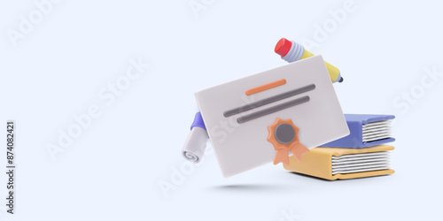 Winner certificate with books in realistic style isolated on light background. Vector illustration