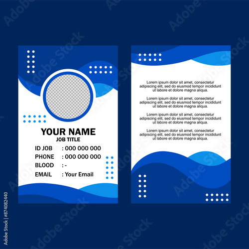 A blue and white business card with waves and contact info.