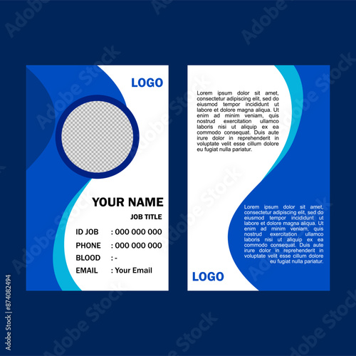 A blue and white business card with waves and contact info.