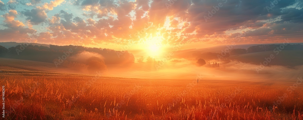 Sunrise over a field with fog and golden light. Sunrise over a field with fog and golden light.