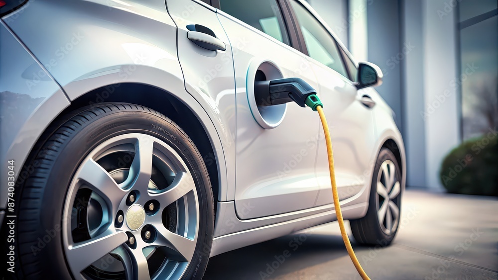 Charging cable plugged into an electric vehicle , electric car Charging cable plugged into an electric vehicle , electric car