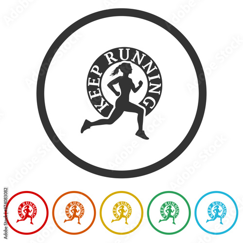Keep running woman icon. Set icons in color circle buttons