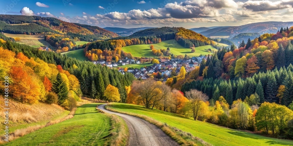 Autumn landscape in the Sauerland with trail leading to valley, houses in Olsberg, coniferous and deciduous forests , autumn Autumn landscape in the Sauerland with trail leading to valley, houses in Olsberg, coniferous and deciduous forests , autumn