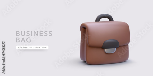 Brown 3d realistic briefcase isolated on light background. Vector illustration