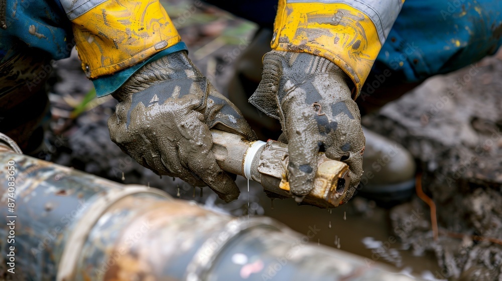 A close up of hands applying Teflon tape to secure fittings on the septic system after maintenance and pumping, A close up of hands applying Teflon tape to secure fittings on the septic system after maintenance and pumping,