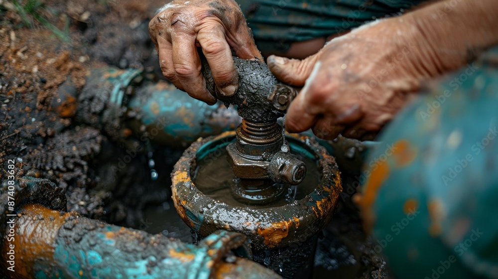 A close up of hands applying Teflon tape to secure fittings on the septic system after maintenance and pumping, A close up of hands applying Teflon tape to secure fittings on the septic system after maintenance and pumping,