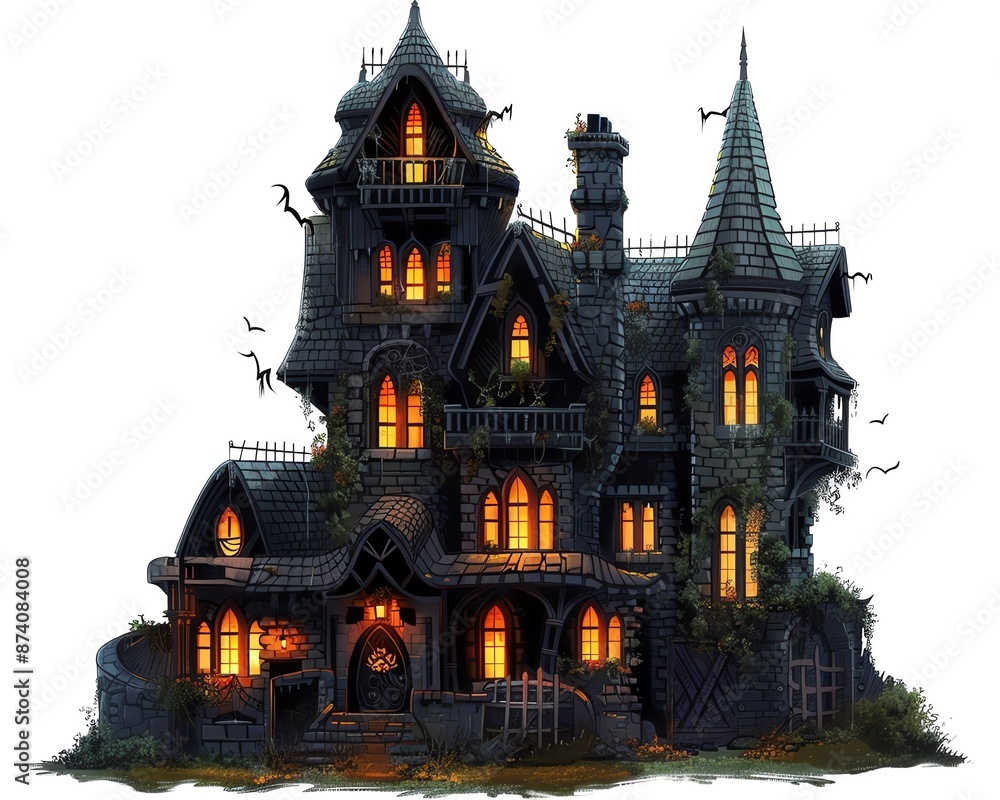 A haunted house with lights and ghosts, Halloween building, digital painting, spooky and fun, isolated on white background, A haunted house with lights and ghosts, Halloween building, digital painting, spooky and fun, isolated on white background,