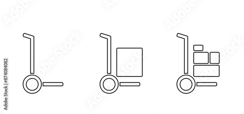 Heavy lifting, unloading cargo, easy transport service and storage. Hand trolley, pallet truck or hand truck. Cartoon industrial tool for manual moving boxes. Baggage transportation.