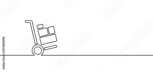 Heavy lifting, unloading cargo, easy transport service and storage. Hand trolley, pallet truck or hand truck. Cartoon industrial tool for manual moving boxes. Baggage transportation.