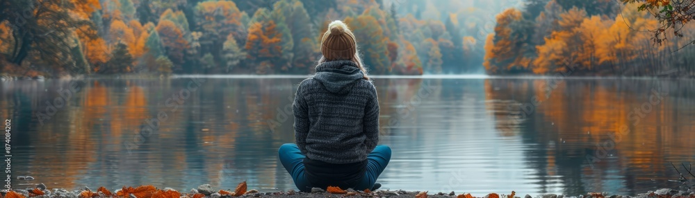 Woman sits by a lake, lost in thought, surrounded by fall foliage. Woman sits by a lake, lost in thought, surrounded by fall foliage.