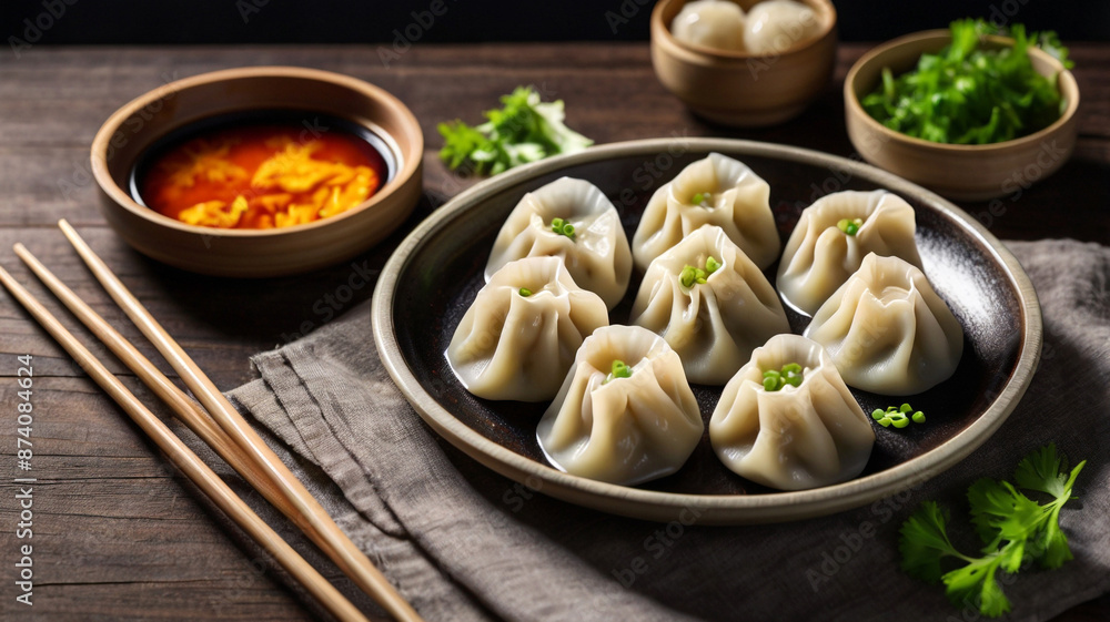 High-resolution image of a white plate containing steamed dumplings High-resolution image of a white plate containing steamed dumplings