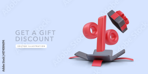 Percentage sign flies out of the gift box in cartoon style. Vector illustration