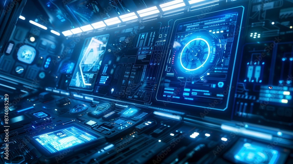 Futuristic control room with neon blue lighting, holographic screens, and digital interfaces, perfect for sci-fi projects. Futuristic control room with neon blue lighting, holographic screens, and digital interfaces, perfect for sci-fi projects.