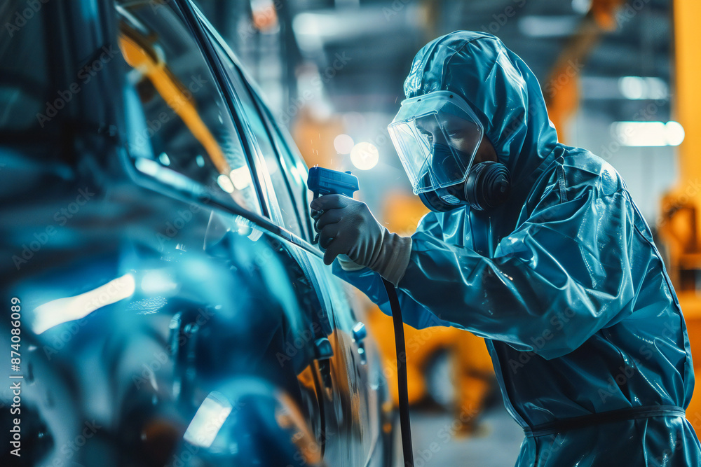 A car painter in a protective suit paints a car with a paint gun in a car repair shop.
A car painter in a protective suit paints a car with a paint gun in a car repair shop.