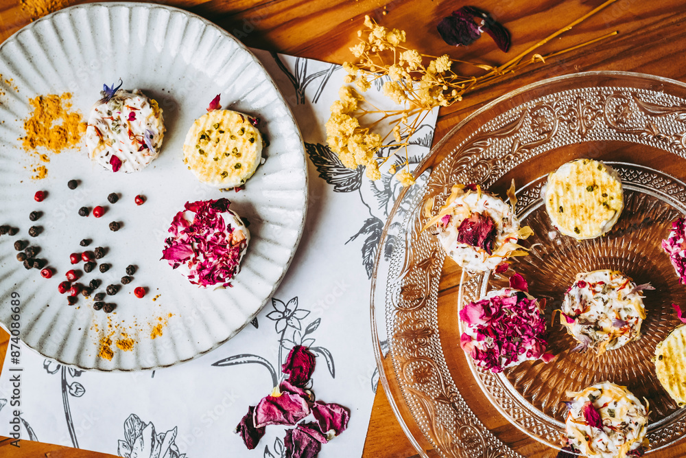 Petits fromages de chèvre frais avec des graines et pétales fait-maison posés dans une assiette