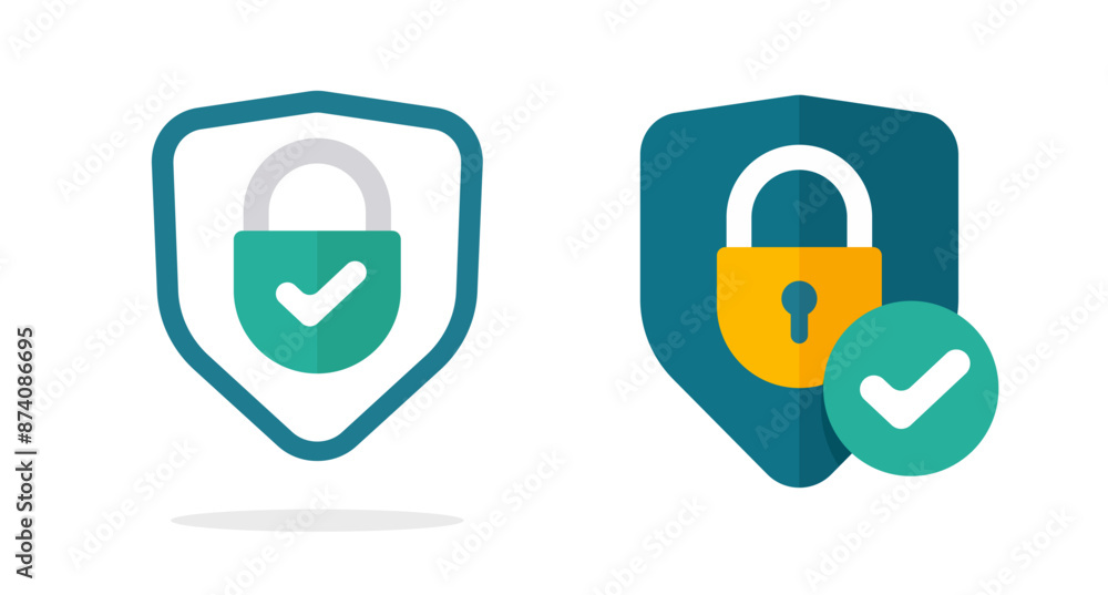 Shield secure protection icon vector graphic simple flat cartoon modern illustration set, safety lock padlock check mark tick pictogram, strong privacy warranty guarantee sign image clip art Shield secure protection icon vector graphic simple flat cartoon modern illustration set, safety lock padlock check mark tick pictogram, strong privacy warranty guarantee sign image clip art