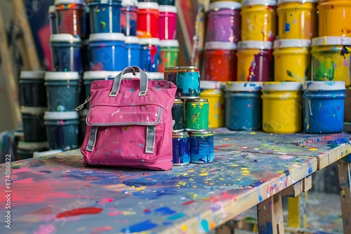 A school bag leaning against a stack of colorful paint cans in an artist's studio