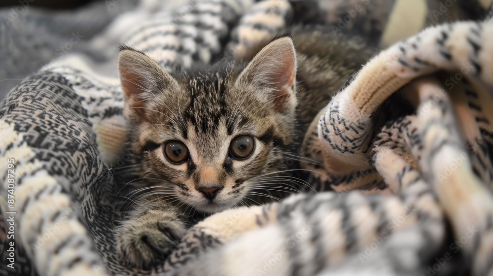 Tiny adorable kitten resting on a checkered blanket Tiny adorable kitten resting on a checkered blanket