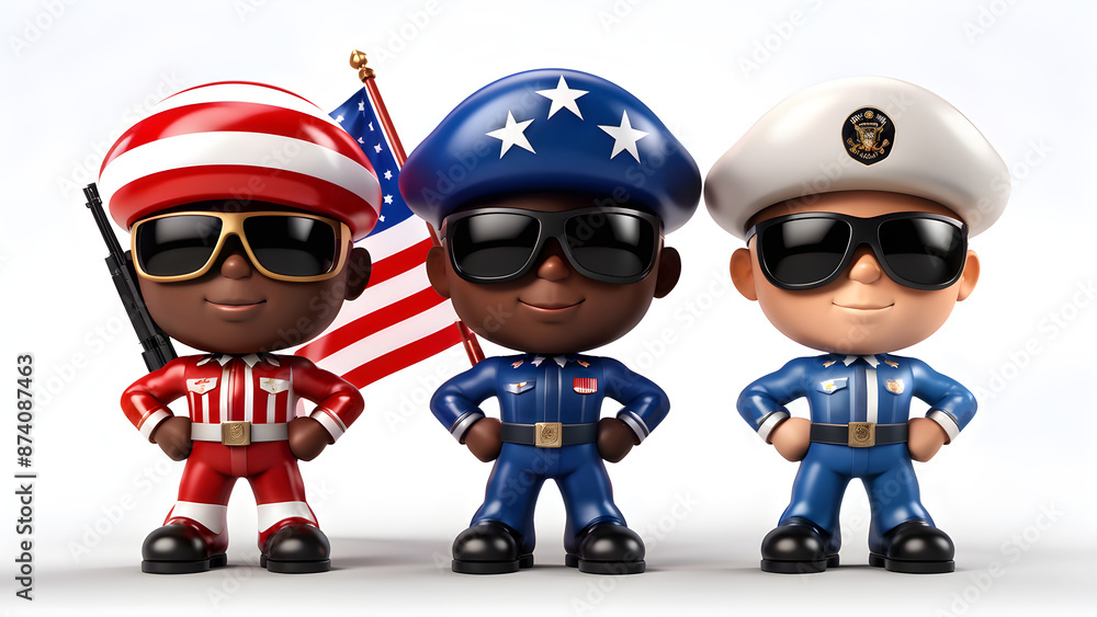 three soldiers Cartoon, Independence Day of USA, Fourth of July three soldiers Cartoon, Independence Day of USA, Fourth of July