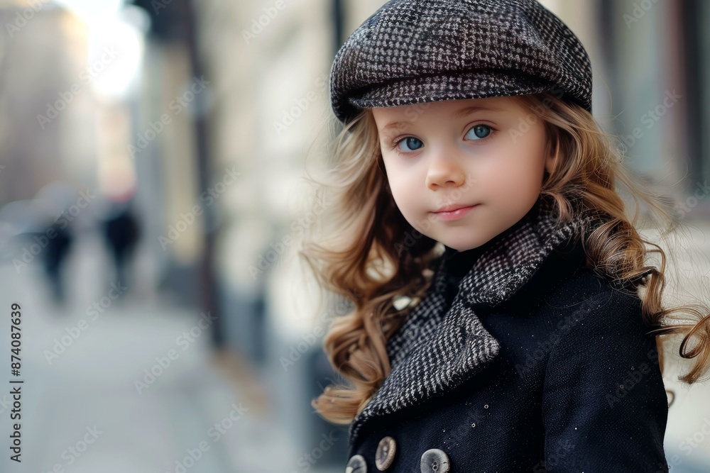 Portrait of a cute young girl with a trendy hat and coat on a city street Portrait of a cute young girl with a trendy hat and coat on a city street