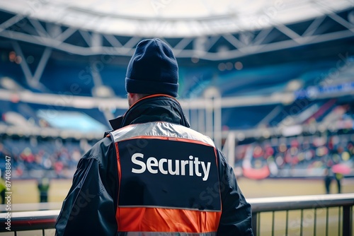 Close-up of a security guard's back with the word 