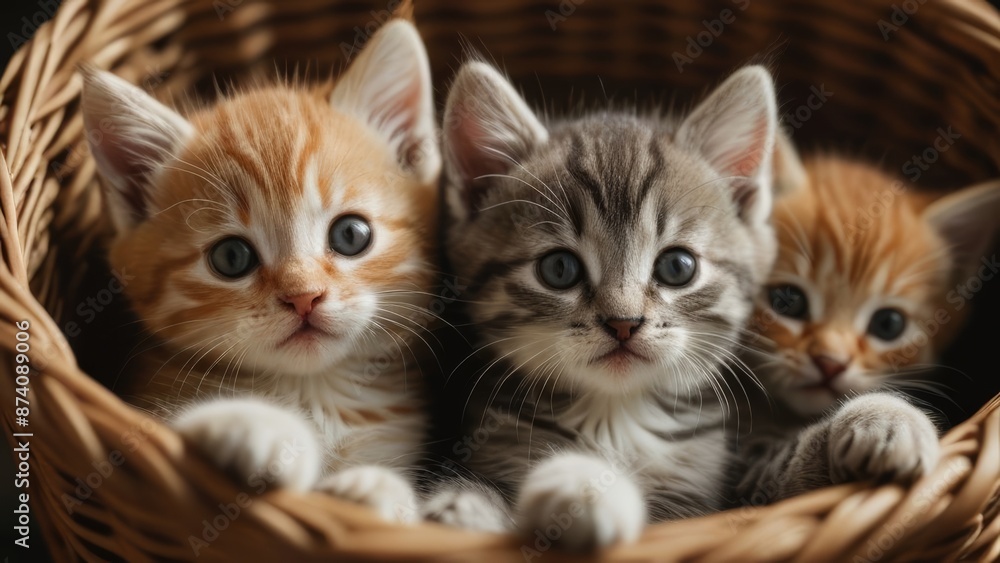 Adorable close-up of a litter of kittens snuggling in a cozy basket, showcasing their soft fur and expressive eyes. Adorable close-up of a litter of kittens snuggling in a cozy basket, showcasing their soft fur and expressive eyes.