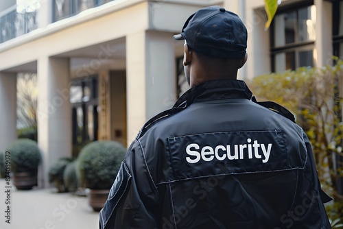 Close-up of a security guard's back with the word 