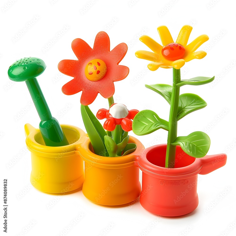 Vibrant Preschool Toys in Tranquil Garden Setting on White Background Vibrant Preschool Toys in Tranquil Garden Setting on White Background