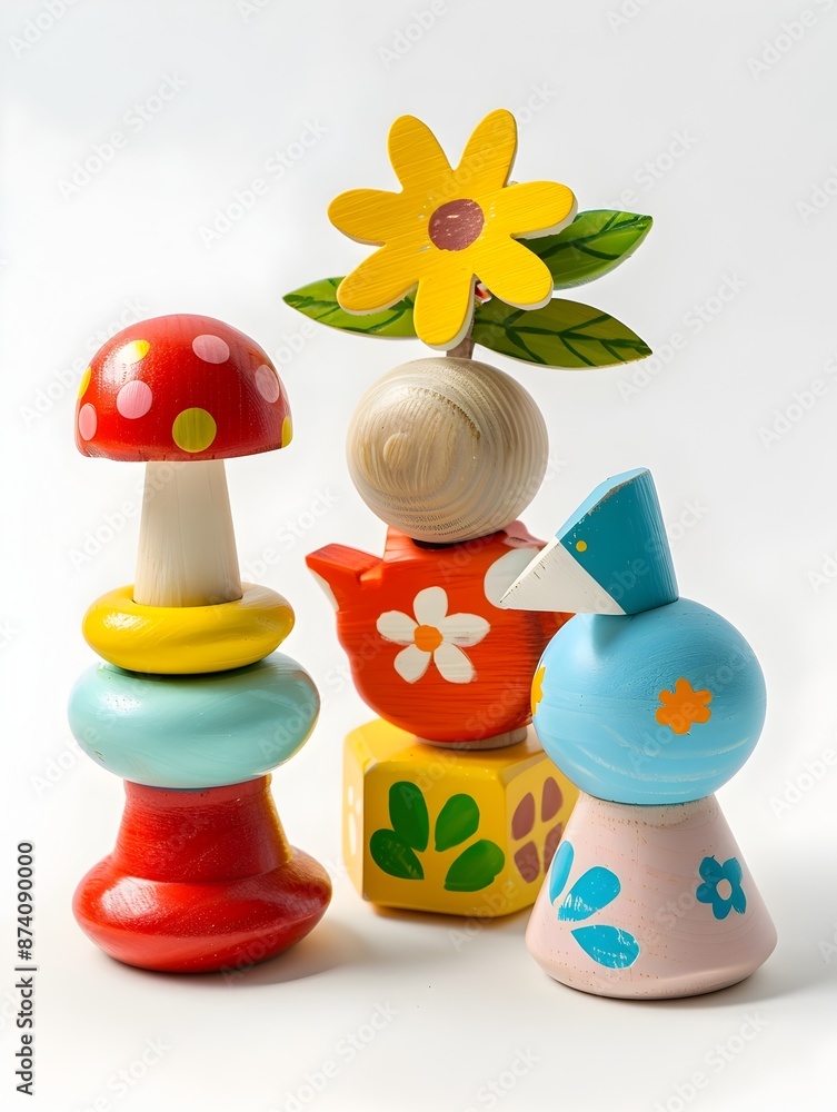 Obraz premium Whimsical Wooden Toy Arrangement in Tranquil Garden Setting