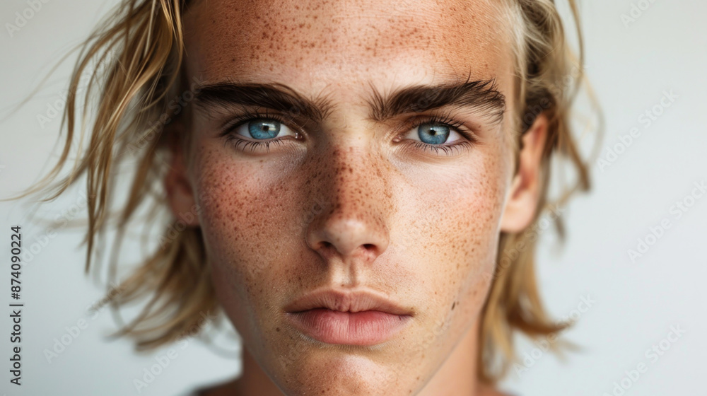 Close-up portrait of a young man with freckles and blonde hair. Intense gaze and natural beauty Close-up portrait of a young man with freckles and blonde hair. Intense gaze and natural beauty