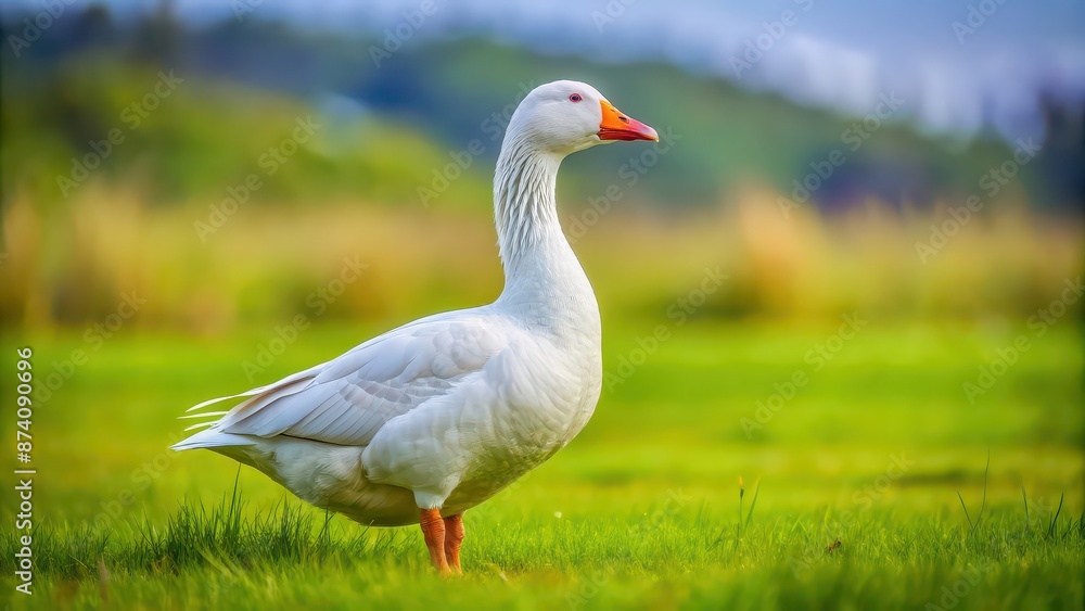 A beautiful white goose standing gracefully on a green meadow , bird, animal, wildlife, nature, farm, feathered, poultry A beautiful white goose standing gracefully on a green meadow , bird, animal, wildlife, nature, farm, feathered, poultry