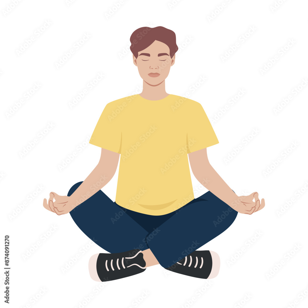 Young man sitting in lotus pose. Meditating male isolated on white background. Vector illustration Young man sitting in lotus pose. Meditating male isolated on white background. Vector illustration