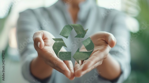 Hands holding a green recycling symbol, representing environmental conservation and sustainable practices. photo